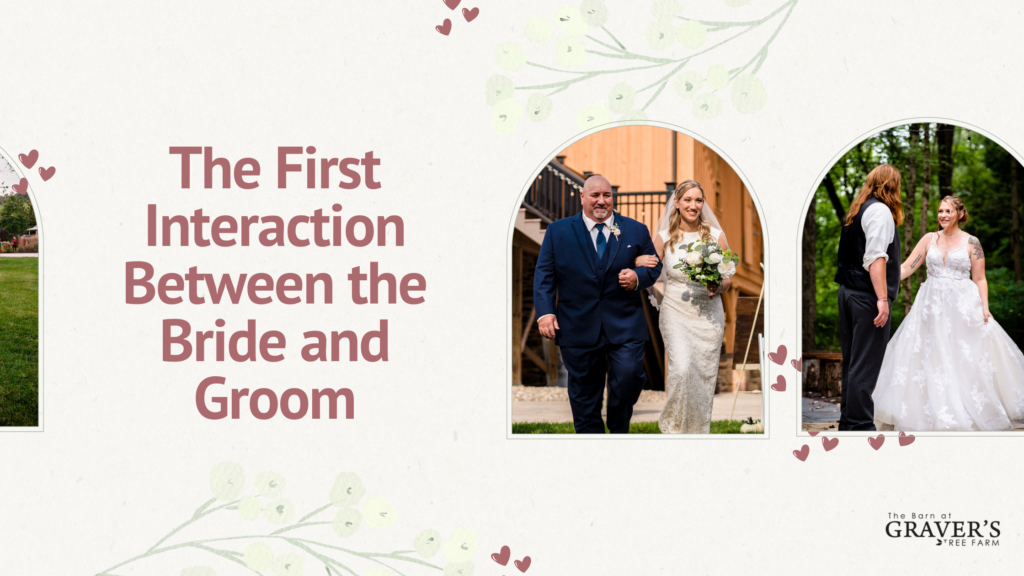 The First Interaction Between the Bride and Groom. The Barn at Graver's Tree Farm